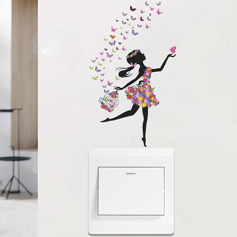 Kreative PVC Blume Mädchen Silhouette Schmetterling Vogelkäfig Wandtattoo Selbstklebend Schalter Aufkleber Für Wohnzimmer Dekor