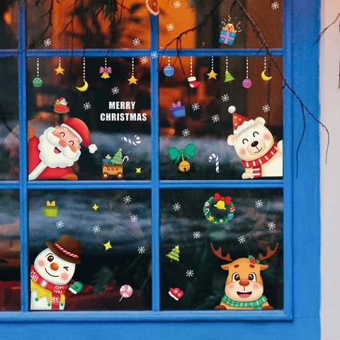 Merry Christmas Window Stickers Static Cling Santa Claus Reindeer Snowman Decals Festive Glass Door Wall Decoration