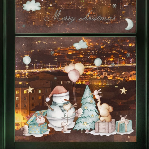 Pegatinas de Pared de Navidad PVC Acuarela Muñeco de Nieve Árbol de Navidad Conejo Calcomanías Ventana Para Hogar Fiesta