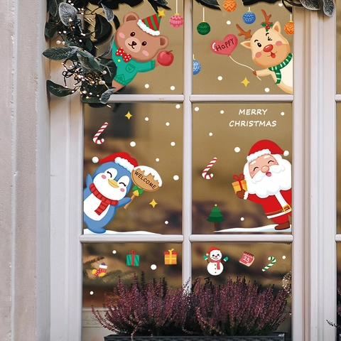 Weihnachten Statische Fensteraufkleber PVC Schneemann Rentier Schneeflocke UV Bedruckt Glas Tür Aufkleber Für Home Festlich Dekoration