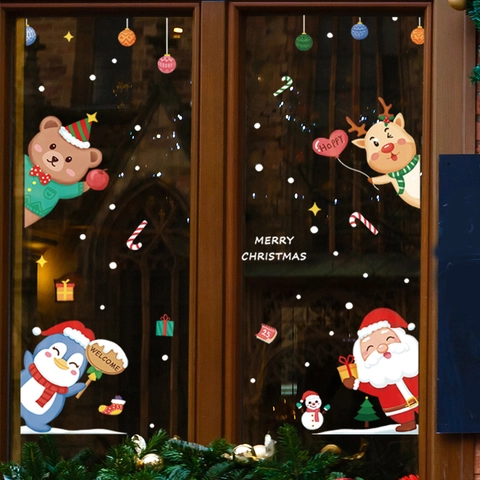 Weihnachten Statische Fensteraufkleber PVC Schneemann Rentier Schneeflocke UV Bedruckt Glas Tür Aufkleber Für Home Festlich Dekoration
