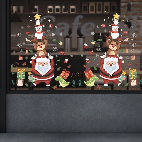 Pegatinas de Ventana de Navidad Dibujos Animados Papá Noel Reno Muñeco de Nieve PVC Estático para Escaparate Decoración Fiesta
