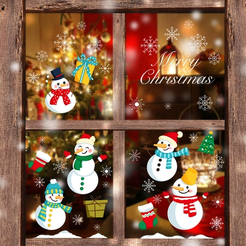 Kerst Sneeuwpop Raamstickers Statisch UV PVC Decals Winter Sneeuwvlok Glas Deur Home Vakantie Muur Decoratie