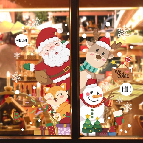 Wiederverwendbare Weihnachts Statische Fensteraufkleber Cartoon Weihnachtsmann Schneemann Rentier Glastür Wandtattoo Für Feiertag Dekor