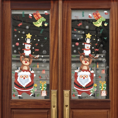 Pegatinas de Ventana de Navidad Dibujos Animados Papá Noel Reno Muñeco de Nieve PVC Estático para Escaparate Decoración Fiesta