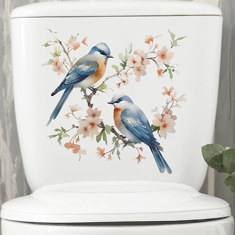 Pegatina para Inodoro Romántica de Acuarela Pájaro y Flor PVC Impermeable Removible Calcomanía de Baño Decoración del Hogar Autoadhesiva