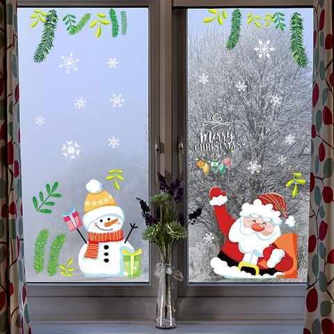 Weihnachten Statische Fensterbilder Weihnachtsmann Schneemann Schneeflocken Kiefernzweige DIY Glasaufkleber Für Festliche Haus Laden Fenster Deko