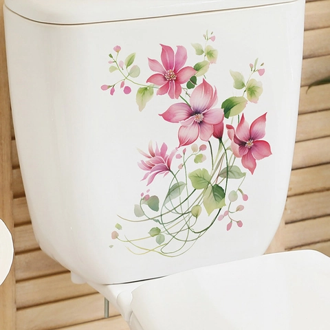 Pegatina de Inodoro de Flor Rosa Romántica Acuarela Floral Calcomanía de Pared de Baño PVC Impermeable Autoadhesiva