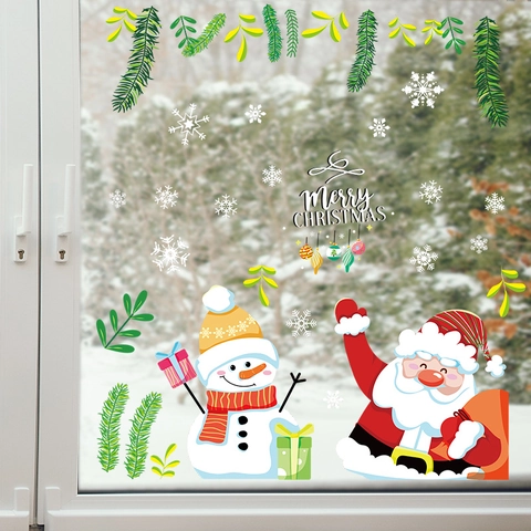 Weihnachten Statische Fensterbilder Weihnachtsmann Schneemann Schneeflocken Kiefernzweige DIY Glasaufkleber Für Festliche Haus Laden Fenster Deko