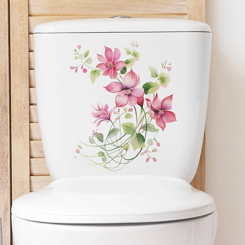 Pegatina de Inodoro de Flor Rosa Romántica Acuarela Floral Calcomanía de Pared de Baño PVC Impermeable Autoadhesiva