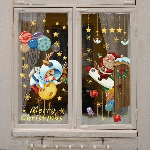 Weltraum Thema Weihnachten Weihnachtsmann Astronaut Rentier Fenster Wandaufkleber PVC Abnehmbare Dekoration Für Haus