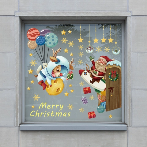 Weltraum Thema Weihnachten Weihnachtsmann Astronaut Rentier Fenster Wandaufkleber PVC Abnehmbare Dekoration Für Haus