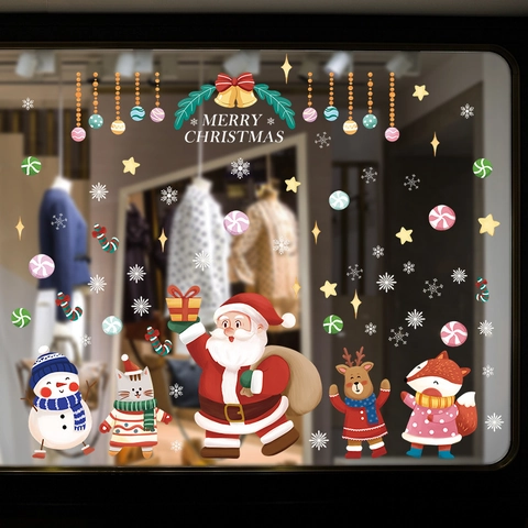 Adesivi per Finestre di Natale a Cartoni Animati Statici in PVC Babbo Natale Alce Pupazzo di Neve Fiocchi di Neve Stampa UV