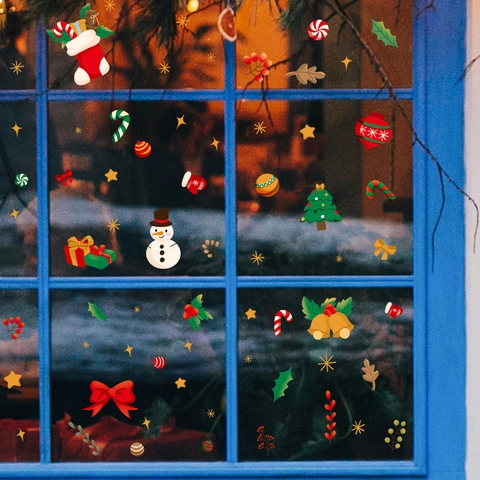 Cartoon Weihnachtsfensteraufkleber Statisch Haftend Schneemann Baum Glocke PVC Aufkleber Für Glastür Schaufenster Heim Dekoration