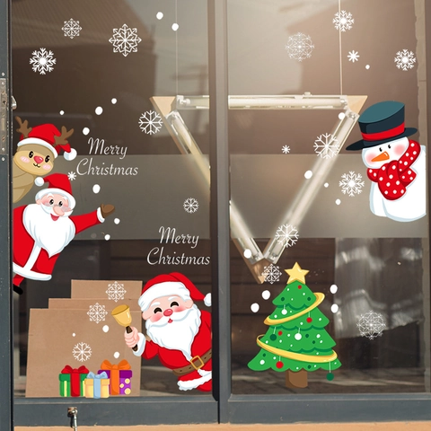 Fröhliche Weihnachten Fensteraufkleber Statisch Haftend PVC Rentier Weihnachtsmann Schneemann Schneeflocke Für Glastür Home Party Deko