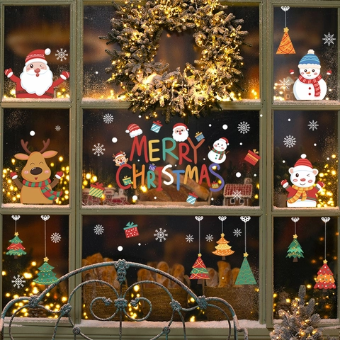 Weihnachten Statische Fensteraufkleber Weihnachtsmann Schneemann Rentier Baum Schneeflocke Cartoon PVC Deko Für Glasfenster