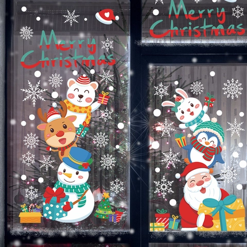 Christmas Santa Claus Snowman Reindeer Window Clings Static PVC Stickers For Glass Door Home Xmas Festival Decor Multicolor
