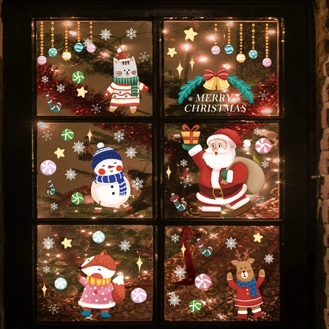 Adesivi per Finestre di Natale a Cartoni Animati Statici in PVC Babbo Natale Alce Pupazzo di Neve Fiocchi di Neve Stampa UV