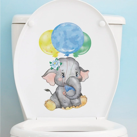 Cute Cartoon Elephant Balloon Wall Sticker PVC Self Adhesive Waterproof Toilet Decal For Kids Bedroom Bathroom Home Decor