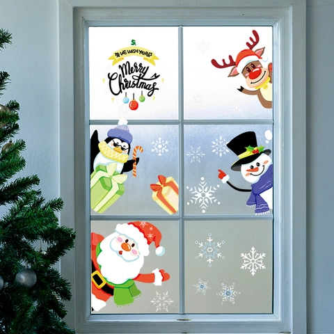 Weihnachts-Fensterbilder Statisch Weihnachtsmann Rentier Schneemann Schneeflocken PVC Aufkleber Für Glasdekoration Haus Dekoration