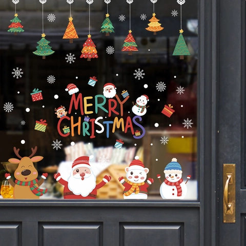 Weihnachten Statische Fensteraufkleber Weihnachtsmann Schneemann Rentier Baum Schneeflocke Cartoon PVC Deko Für Glasfenster