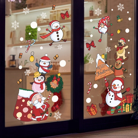 Fröhliche Weihnachten Fensteraufkleber PVC Statisch Haftend Santa Schneemann Rentier Schneeflocken Für Glastür Shop Deko