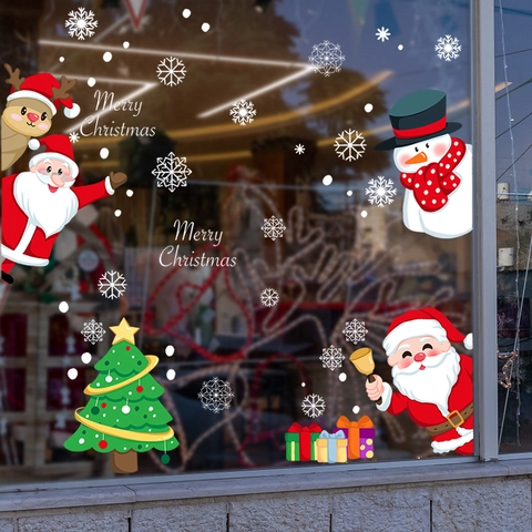 Fröhliche Weihnachten Fensteraufkleber Statisch Haftend PVC Rentier Weihnachtsmann Schneemann Schneeflocke Für Glastür Home Party Deko