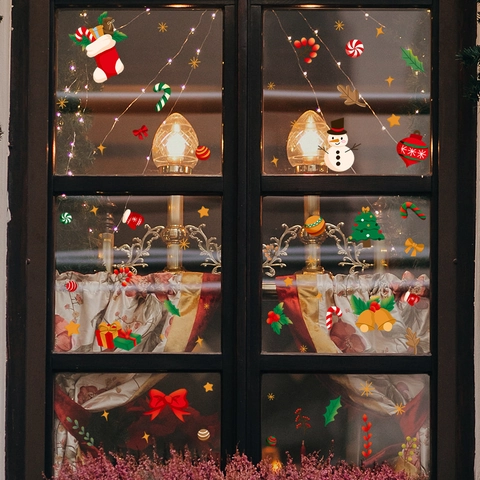 Cartoon Weihnachtsfensteraufkleber Statisch Haftend Schneemann Baum Glocke PVC Aufkleber Für Glastür Schaufenster Heim Dekoration