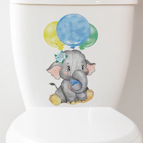 Cute Cartoon Elephant Balloon Wall Sticker PVC Self Adhesive Waterproof Toilet Decal For Kids Bedroom Bathroom Home Decor