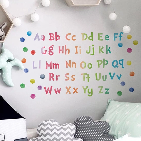 Aquarel 26 Engelse Letters Alfabet Muurstickers Regenboog Stippen Verwijderbare PVC Stickers Voor Kinderkamer Kinderdagverblijf Klaslokaal