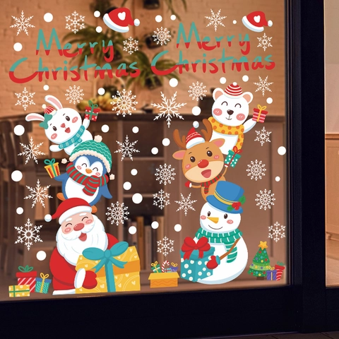 Christmas Santa Claus Snowman Reindeer Window Clings Static PVC Stickers For Glass Door Home Xmas Festival Decor Multicolor