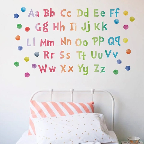 Aquarel 26 Engelse Letters Alfabet Muurstickers Regenboog Stippen Verwijderbare PVC Stickers Voor Kinderkamer Kinderdagverblijf Klaslokaal