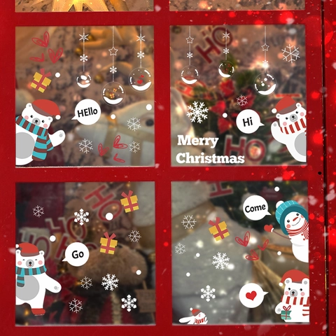 Weihnachten Karikatur Eisbär Schneemann Schneeflocke Fensteraufkleber PVC Statische Haftung Glasdekoration Für Heim Festival