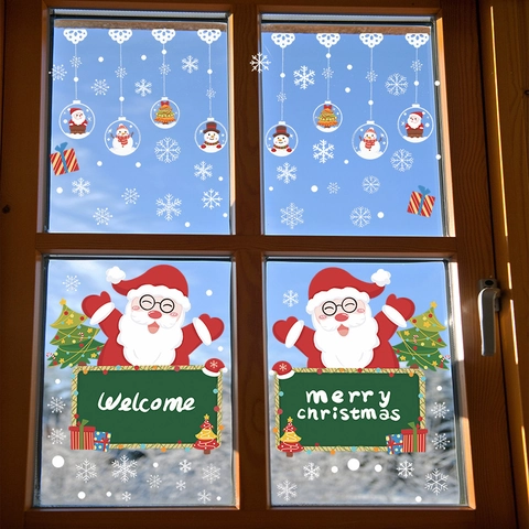 Fröhliche Weihnachten Fensteraufkleber Weihnachtsmann Schneeflocken Statisch Haftende Glasbilder Für Weihnachtsdeko Schaufenster