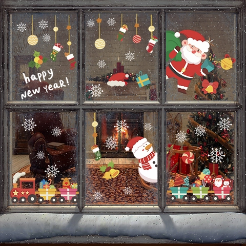 Cartoon Weihnachten Fensterbilder Weihnachtsmann Schneemann Zug Schneeflocken Statische Aufkleber Neujahr Fensterdeko