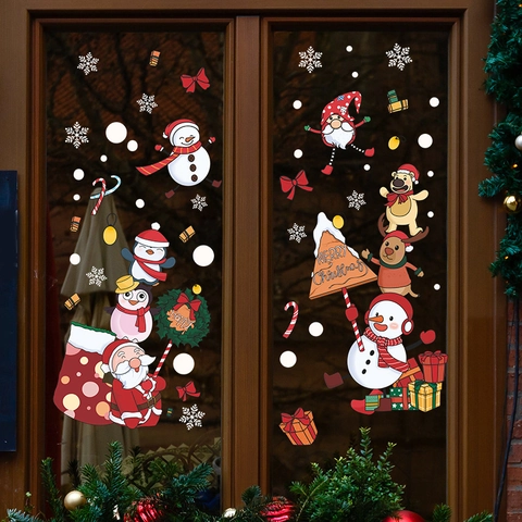 Fröhliche Weihnachten Fensteraufkleber PVC Statisch Haftend Santa Schneemann Rentier Schneeflocken Für Glastür Shop Deko