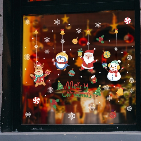 Fröhliche Weihnachten Fensteraufkleber Weihnachtsmann Rentier Schneemann Schneeflocke Statisch Haftend PVC Aufkleber Glas Haus Dekor