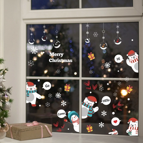 Weihnachten Bär Schneemann Fensteraufkleber Statische PVC Aufkleber Für Glastür Weihnachten Party Home Urlaub Dekoration Wandaufkleber