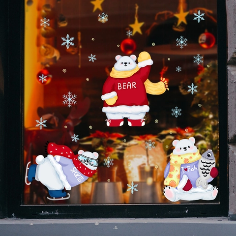 Navidad Lindas Pegatinas de Ventana de Oso Polar PVC Calcomanías de Pared Removibles Copo de Nieve para Decoración Hogar