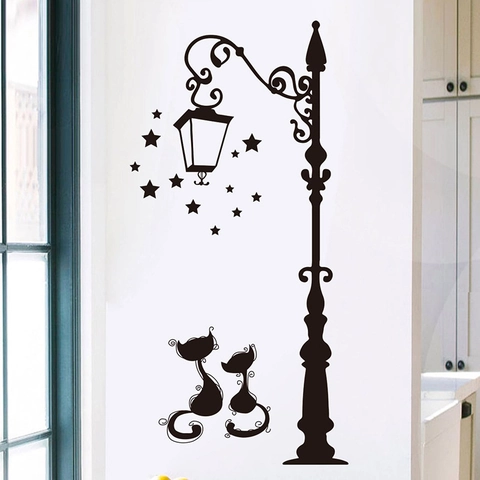 Removable Creative Cat Street Lamp Silhouette PVC Wall Sticker For Bedroom Living Room Home Decor Art Vinyl Wall Decal