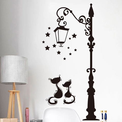 Removable Creative Cat Street Lamp Silhouette PVC Wall Sticker For Bedroom Living Room Home Decor Art Vinyl Wall Decal