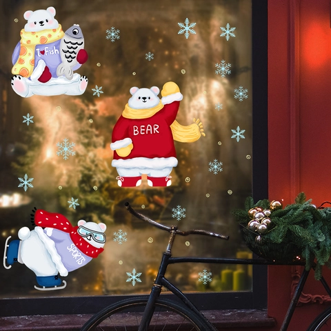 Navidad Lindas Pegatinas de Ventana de Oso Polar PVC Calcomanías de Pared Removibles Copo de Nieve para Decoración Hogar