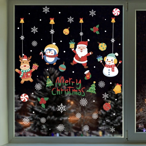 Fröhliche Weihnachten Fensteraufkleber Weihnachtsmann Rentier Schneemann Schneeflocke Statisch Haftend PVC Aufkleber Glas Haus Dekor