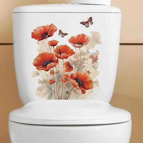 Waterproof PVC Romantic Red Poppy Flower And Butterfly Toilet Sticker Removable Watercolor Bathroom Decor Wall Decal