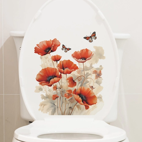 Waterproof PVC Romantic Red Poppy Flower And Butterfly Toilet Sticker Removable Watercolor Bathroom Decor Wall Decal