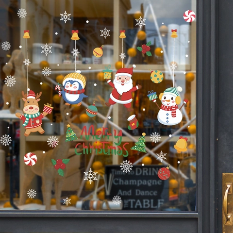 Fröhliche Weihnachten Statische Fensteraufkleber Weihnachtsmann Rentier Schneemann Schneeflocken Glastür Decals Weihnachten Party Haus Deko