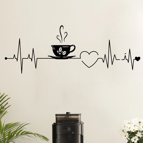 Creative Coffee Heartbeat Wall Sticker Removable PVC Heart Coffee Cup Decal For Cafe Kitchen Dining Room Home Wall Decor