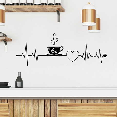 Creative Coffee Heartbeat Wall Sticker Removable PVC Heart Coffee Cup Decal For Cafe Kitchen Dining Room Home Wall Decor