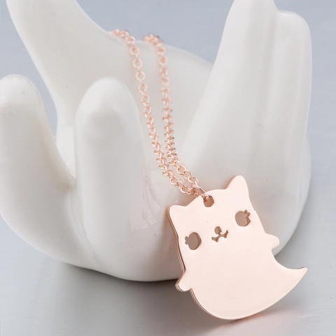 Cartoon Cat Ghost Pendant Necklace Stainless Steel Cut-out Kitten Ghost Charm Chain For Women Halloween Party Jewelry Gift