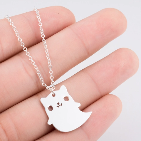 Cartoon Cat Ghost Pendant Necklace Stainless Steel Cut-out Kitten Ghost Charm Chain For Women Halloween Party Jewelry Gift